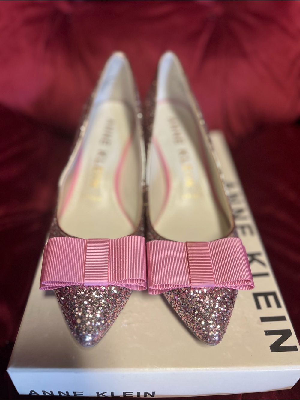 Anne Klein Pink Glitter Pointed Toe Heels with Pink Bow Accent - Picture 2 of 5